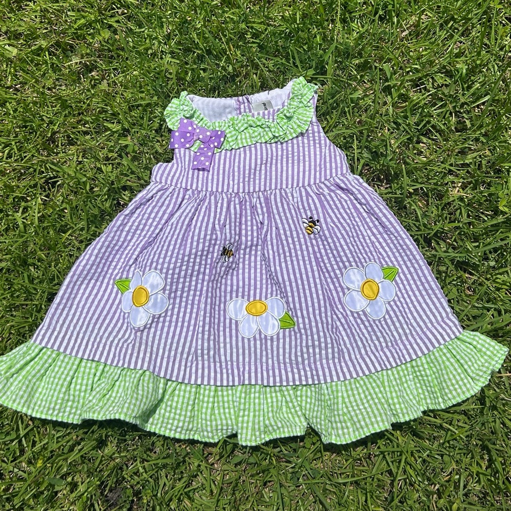 Rare Editions Purple and Green Striped Dress with Floral Details